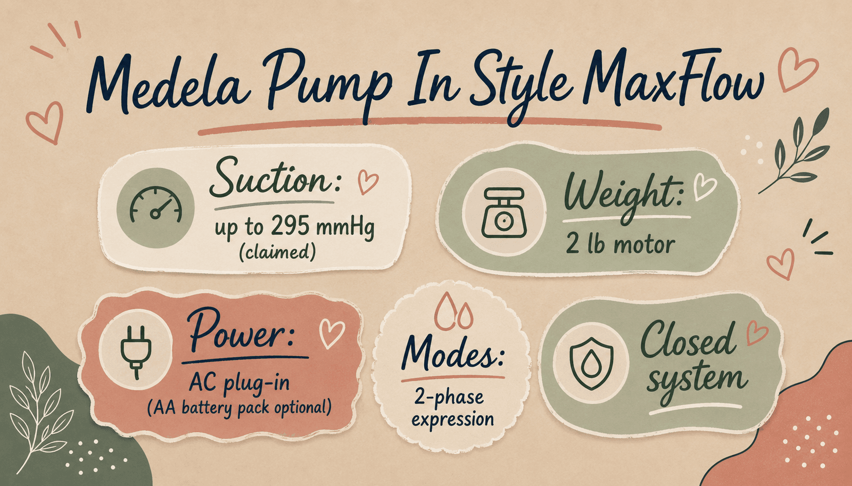Medela Pump In Style specifications — up to 295 mmHg claimed suction, 2 lb weight, AC plug-in, 2-Phase Expression, closed system