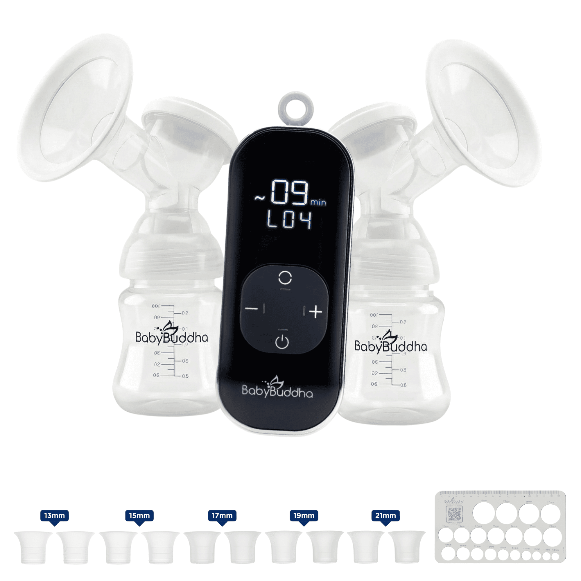 BabyBuddha 2.0 portable breast pump — 6.8 oz closed-system motor unit with USB-C charging and EasyFit sizing inserts