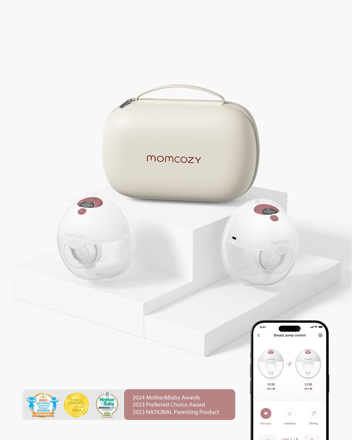 Momcozy M5 wearable breast pump — compact in-bra design with LED display, 3 modes, and 27 suction levels